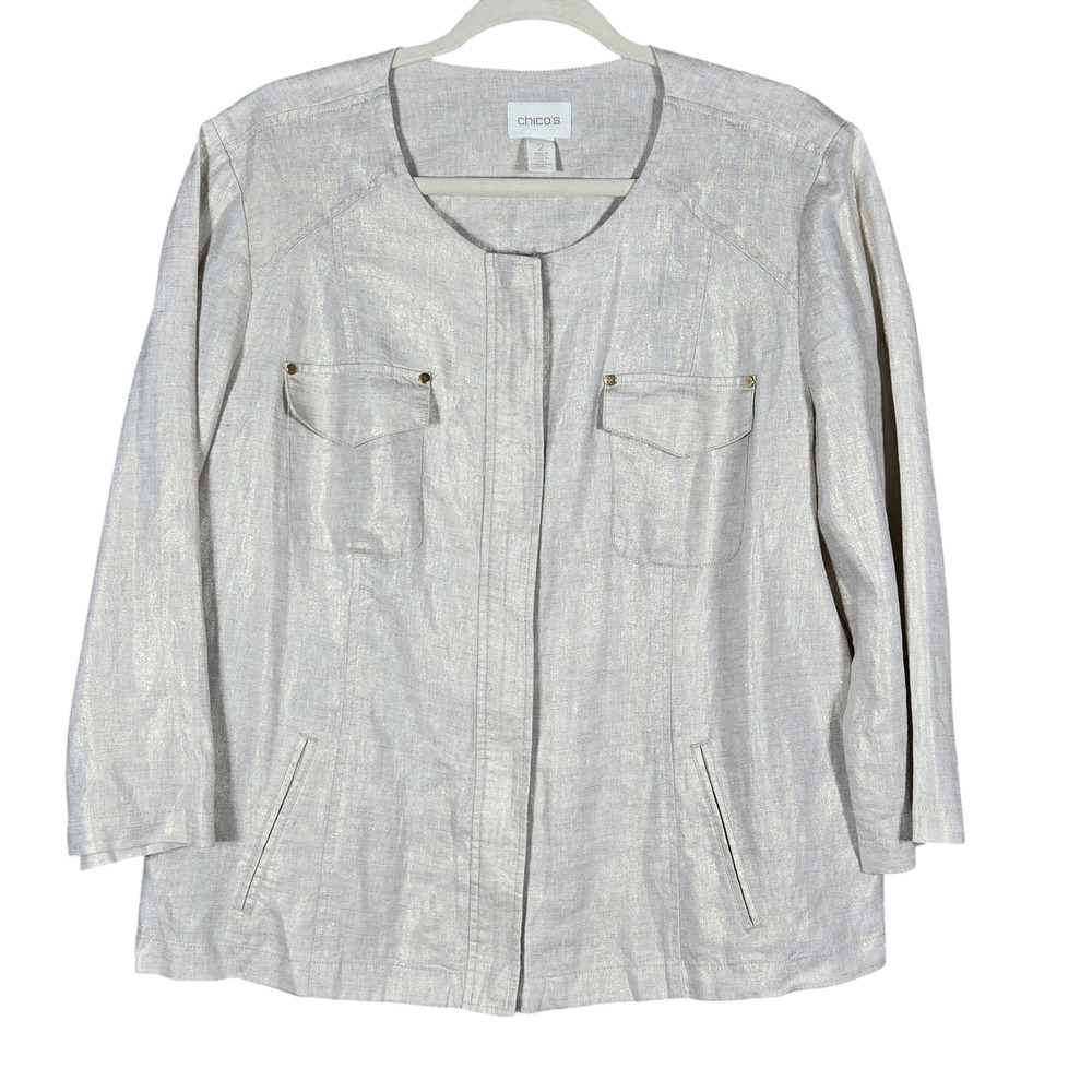 Chicos Jacket Womens 2 Medium Foil Shine Linen Neutral Hidden‎ Zipper Pockets